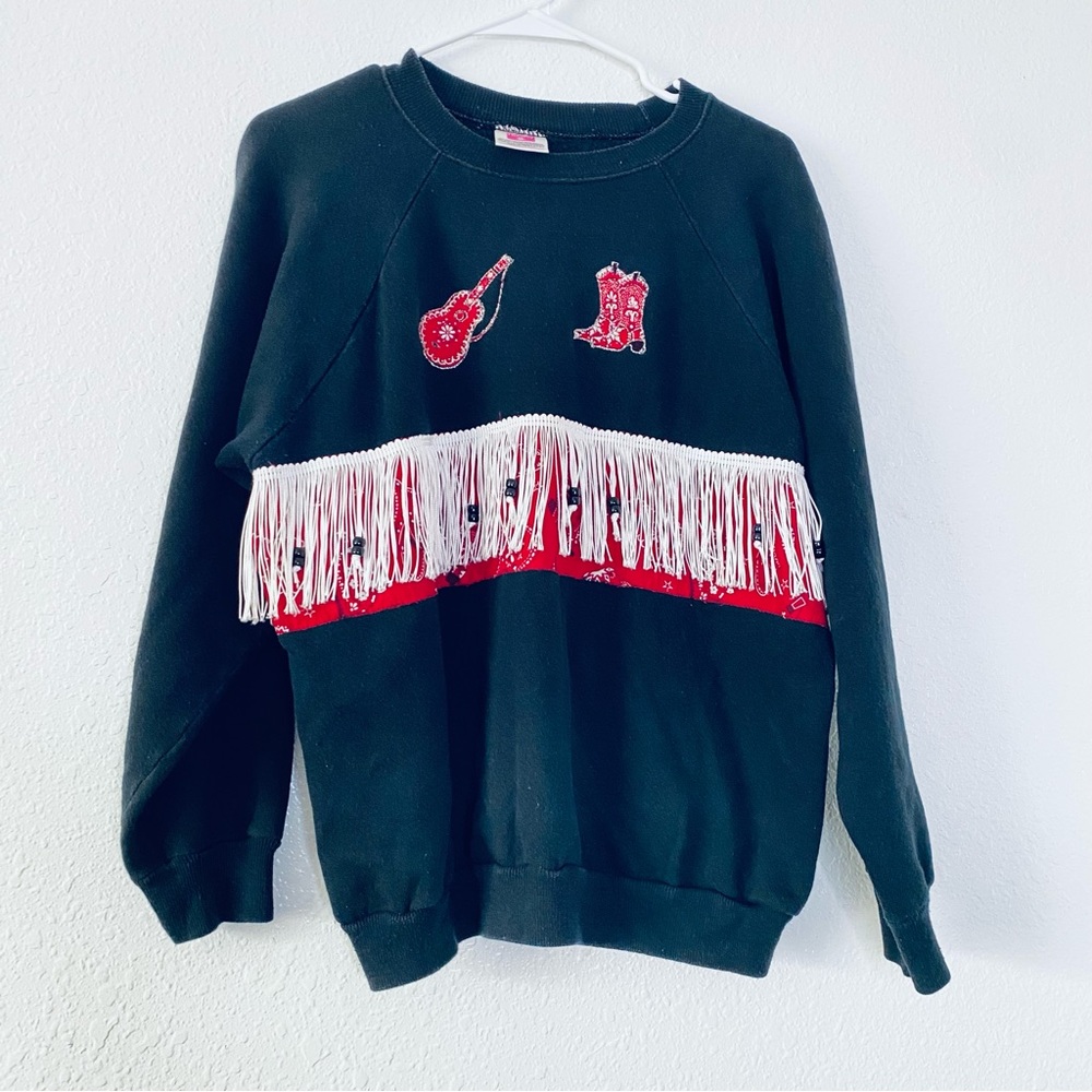 🍓 Hanes Her Way Vtg Puff Paint Bandanna Fringe Cowgirl Homemade Sweatshirt Large